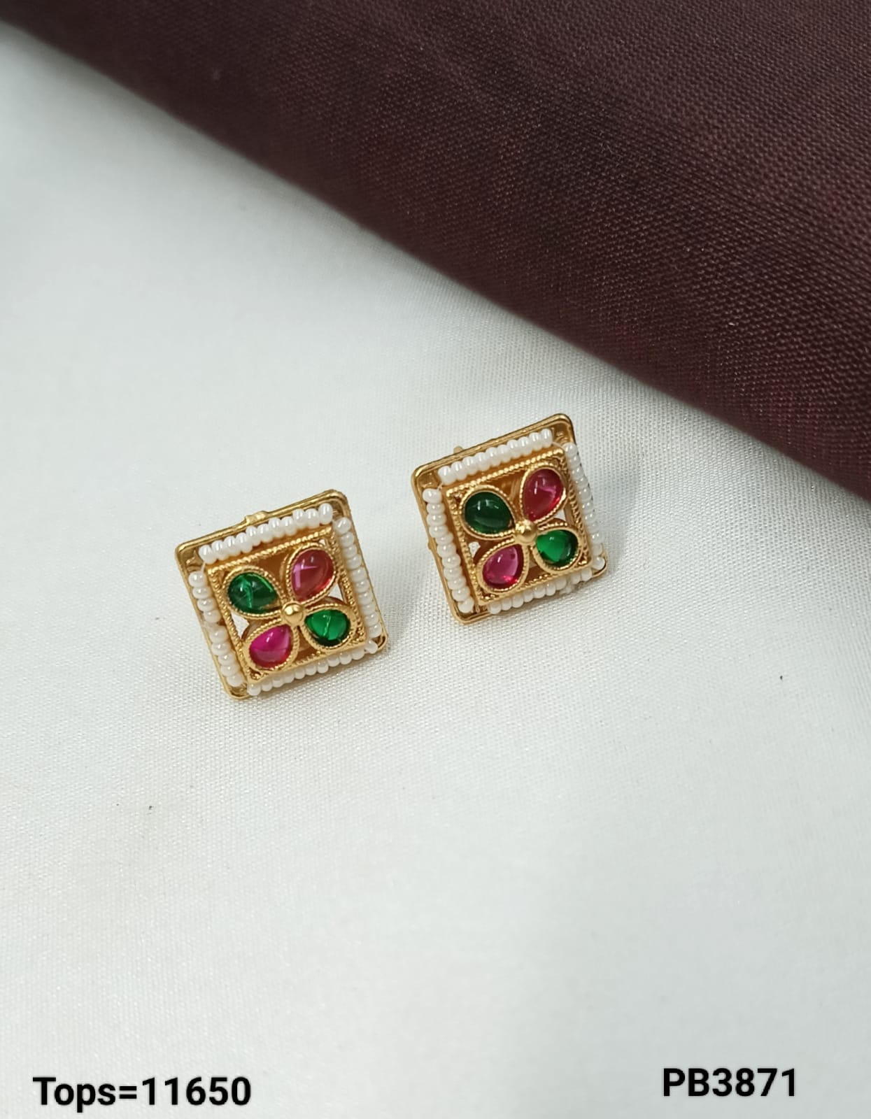 Square Gold-Plated Stud Earrings – Red & Green Stone Tops with Pearl Border